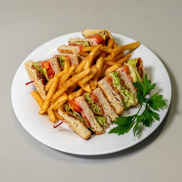 A white plate holds four club sandwich halves with fries and a parsley garnish.